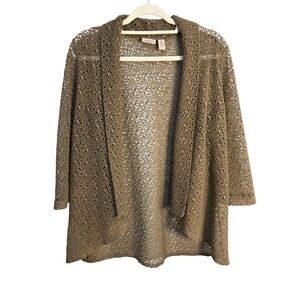 Easywear by Chico's Women Size 0 Olive Taupe Crochet Knit Open Front Cardigan